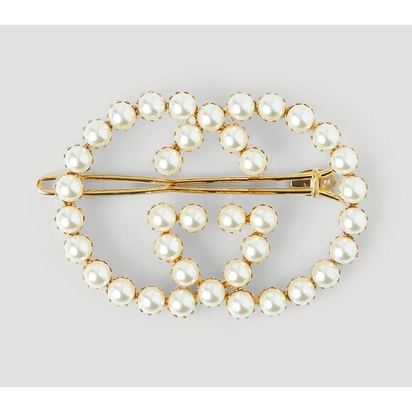 Gucci Oversized Interlocking G Pearl Hair Clip Barrette Logo Accessory - Picture 1 of 6
